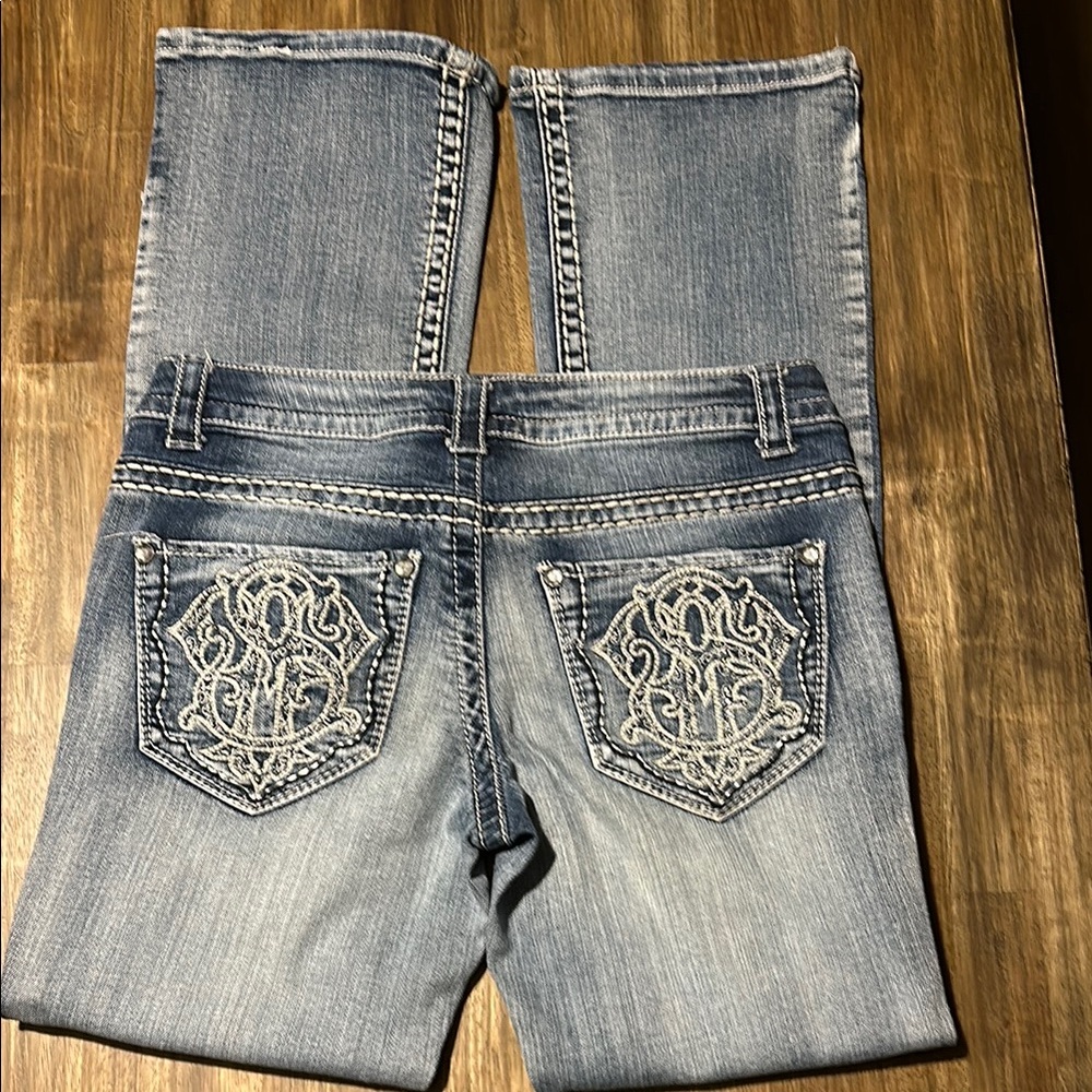 Paisley Sky Blue Boot Cut Jeans with Embroidery and Distressed Details. Size 6